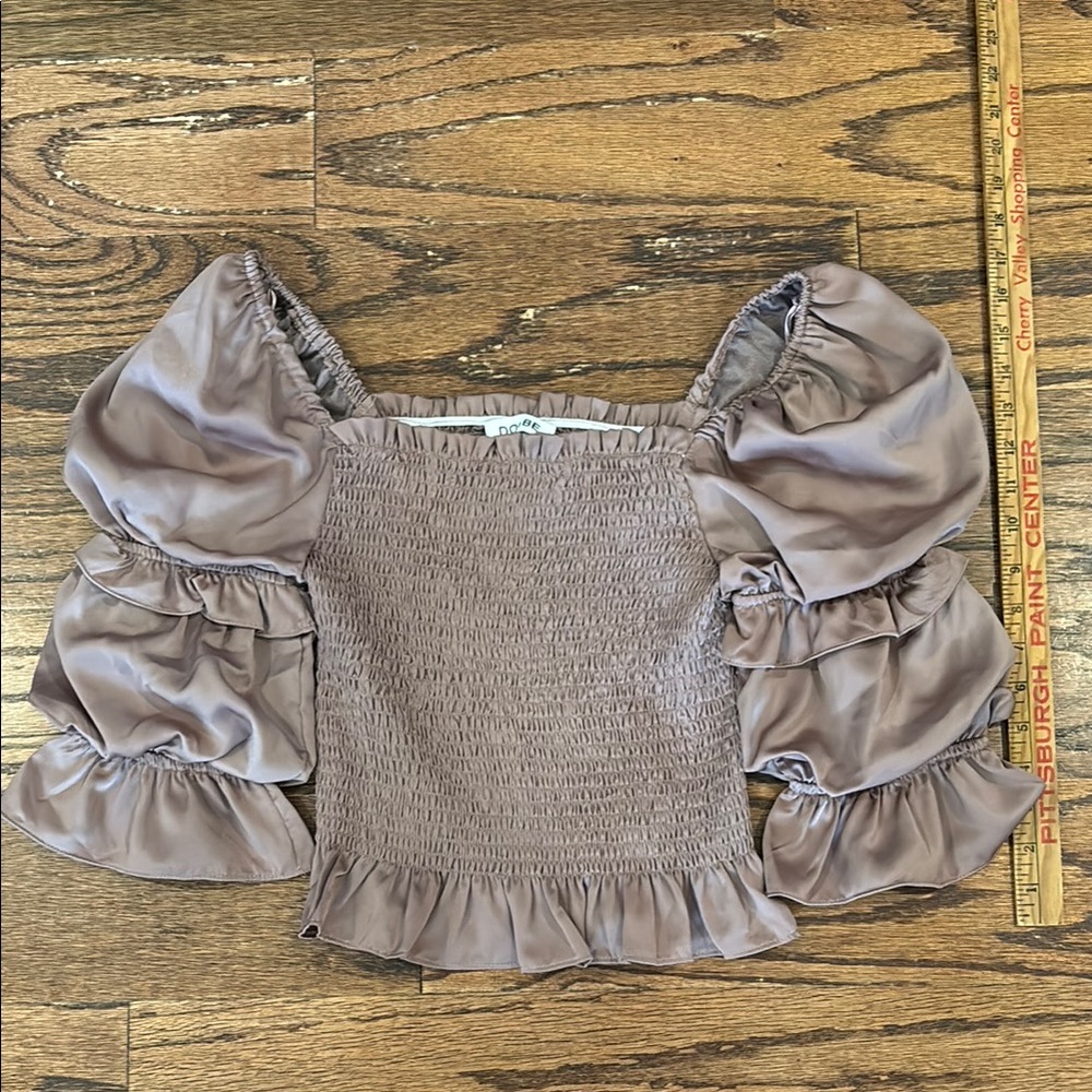 DO + BE  Gray and Purple Smocked Puff Sleeve Blouse
